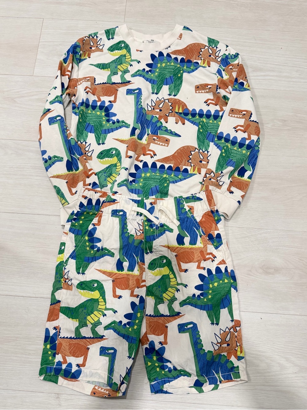 H&M Cream Dinosaur  outfit  Set with Green, Blue & Brown Prints
